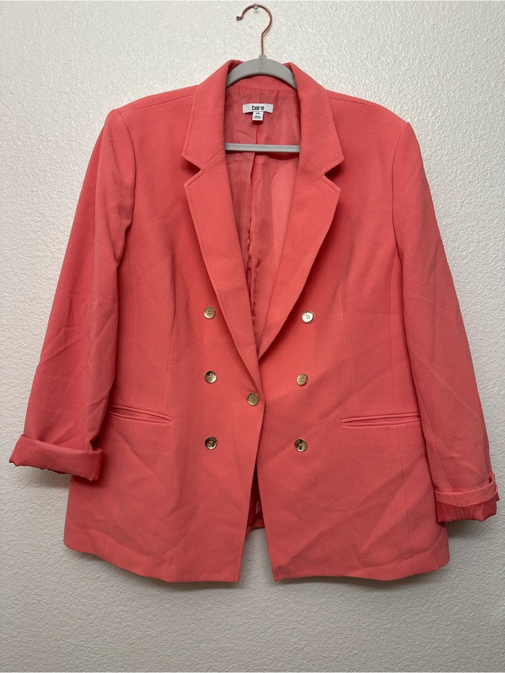 Bar III Coral-Pink Double-Breasted Blazer with Gold Buttons
